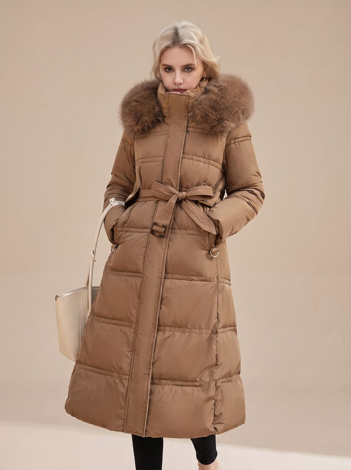 Women's Quilted Fur-Hood Full-Length Puffer Coat - Coffee