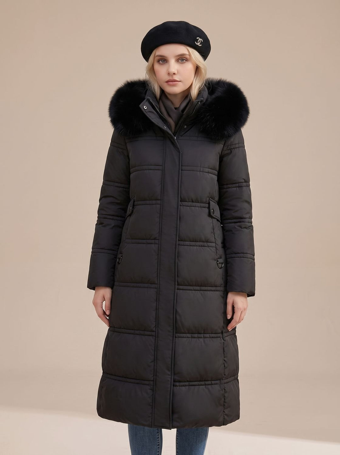 Women's Quilted Fur-Hood Full-Length Puffer Coat - Black