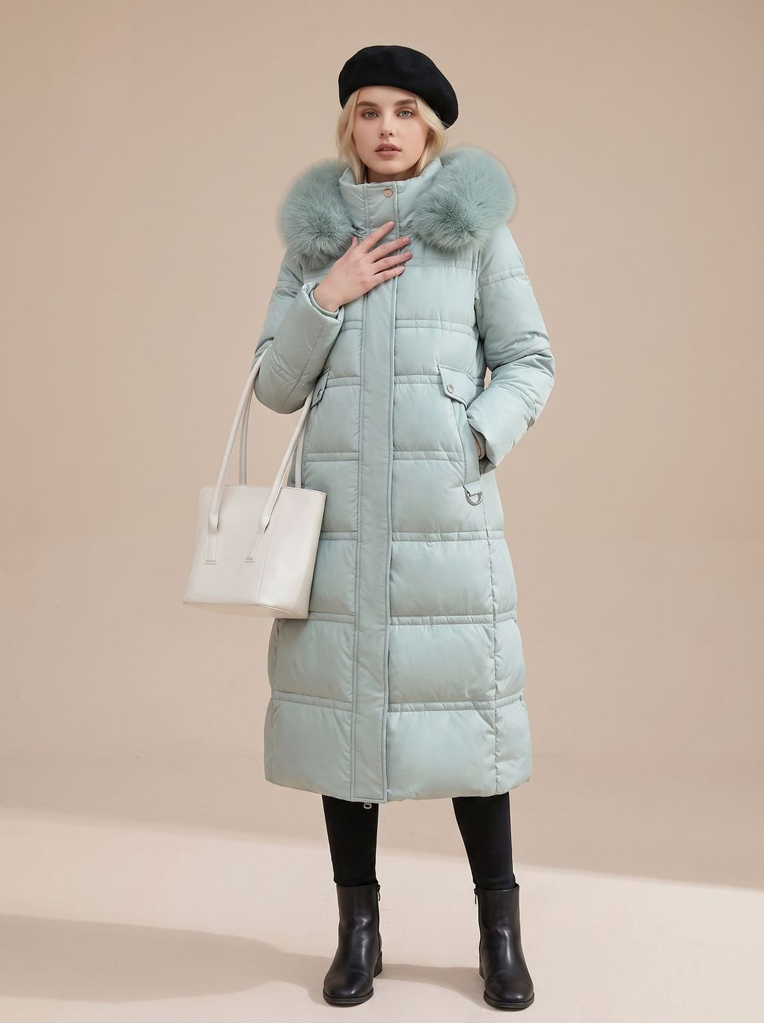 Women's Quilted Fur-Hood Full-Length Puffer Coat - Blue
