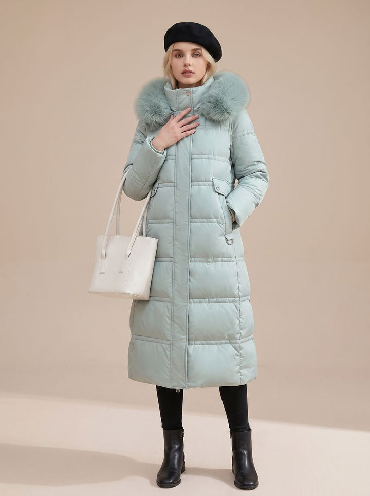 Women's Quilted Fur-Hood Full-Length Puffer Coat - Blue