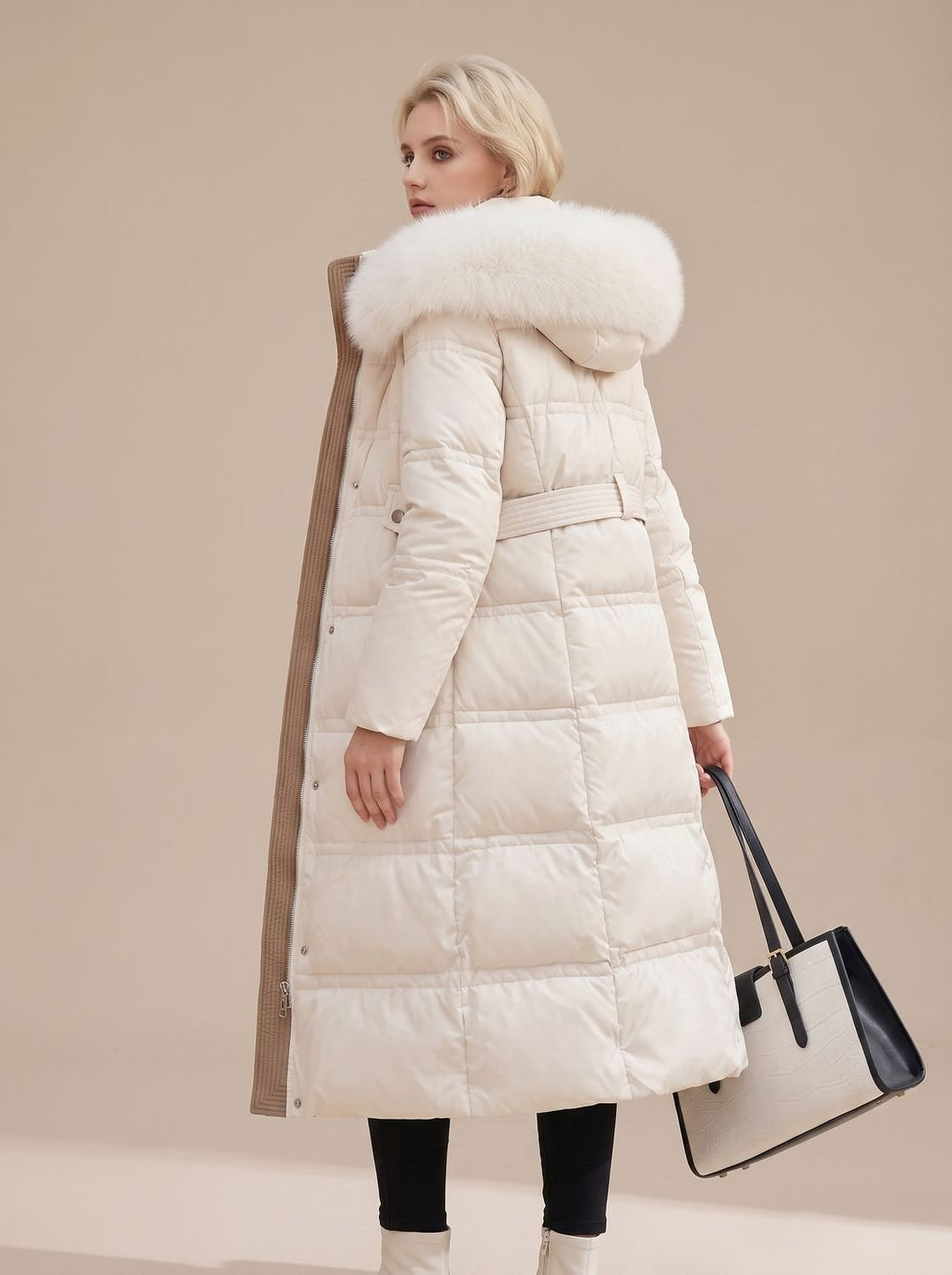 Women's Quilted Fur-Hood Full-Length Puffer Coat - White