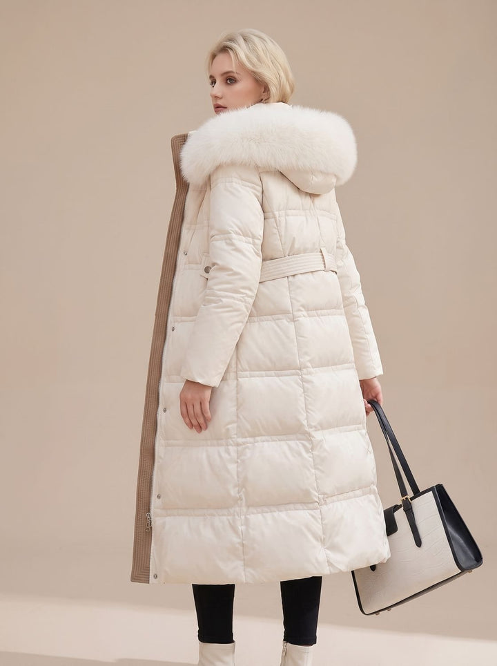 Women's Quilted Fur-Hood Full-Length Puffer Coat - White