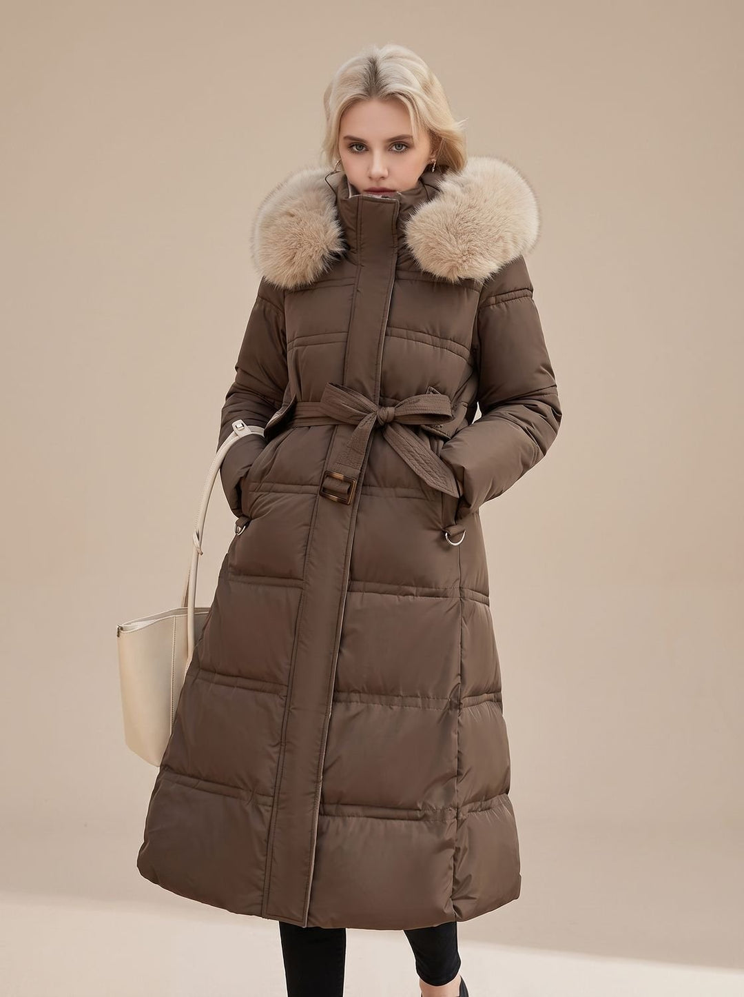 Women's Quilted Fur-Hood Full-Length Puffer Coat - Coffee with Beige Collar