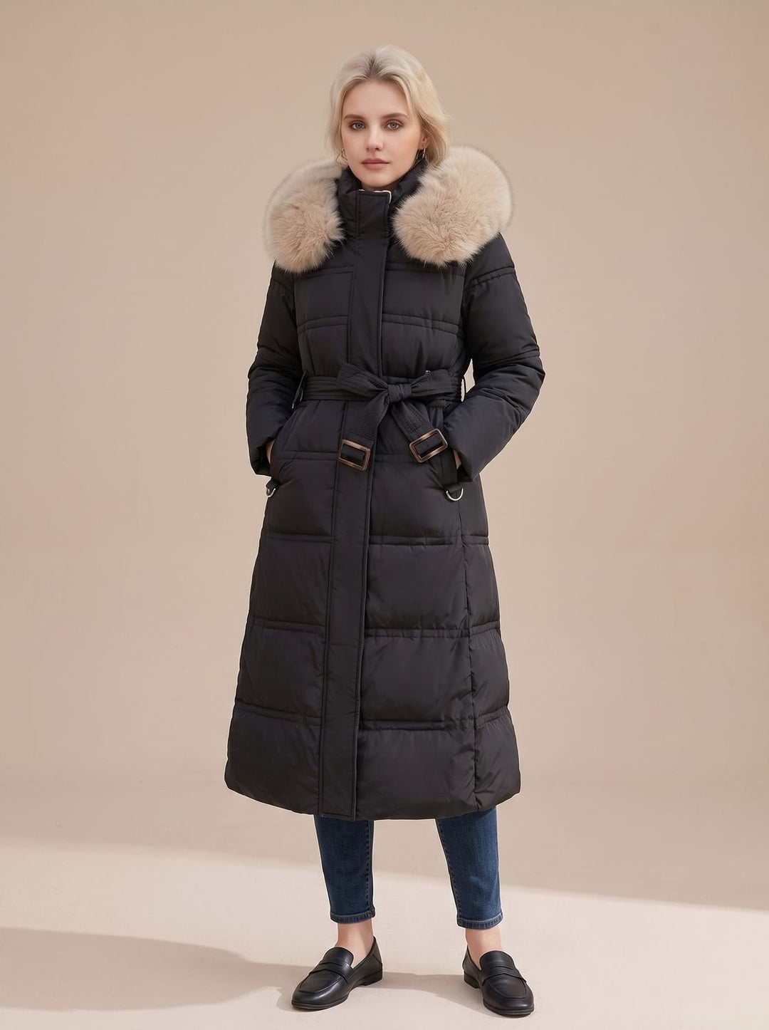Women's Quilted Fur-Hood Full-Length Puffer Coat - Black with Beige Collar