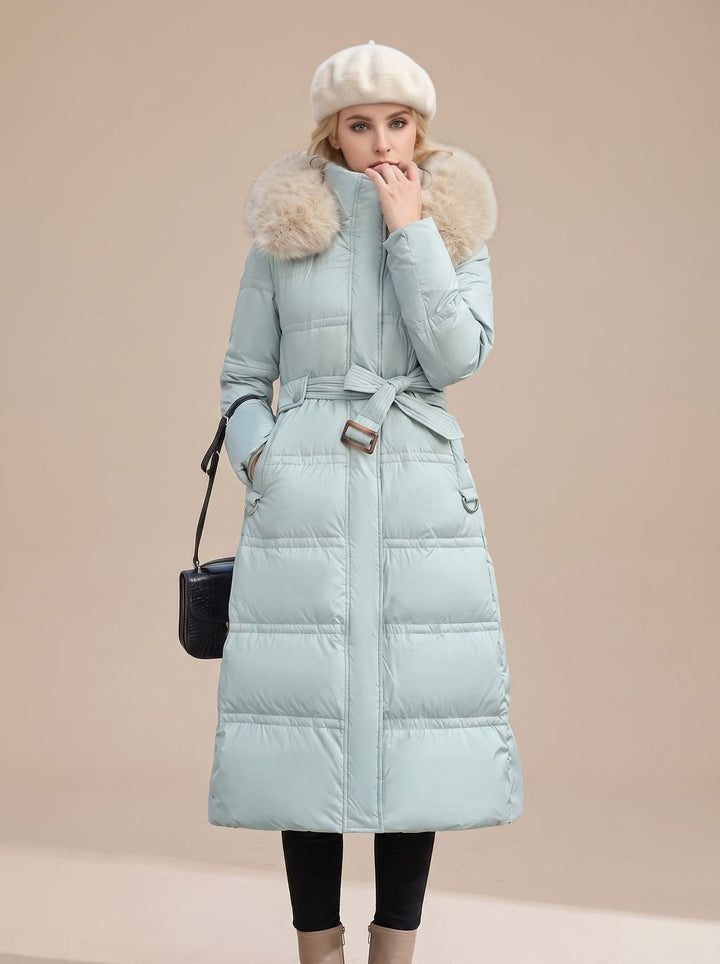 Women's Quilted Fur-Hood Full-Length Puffer Coat - Blue with Beige Collar