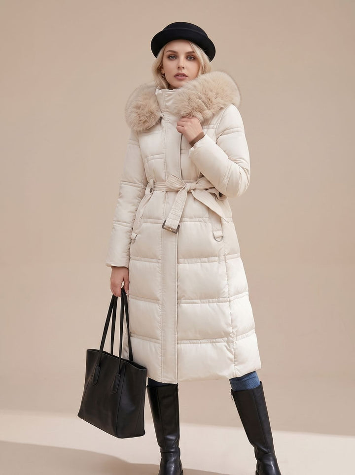 Women's Quilted Fur-Hood Full-Length Puffer Coat - White with Beige Collar