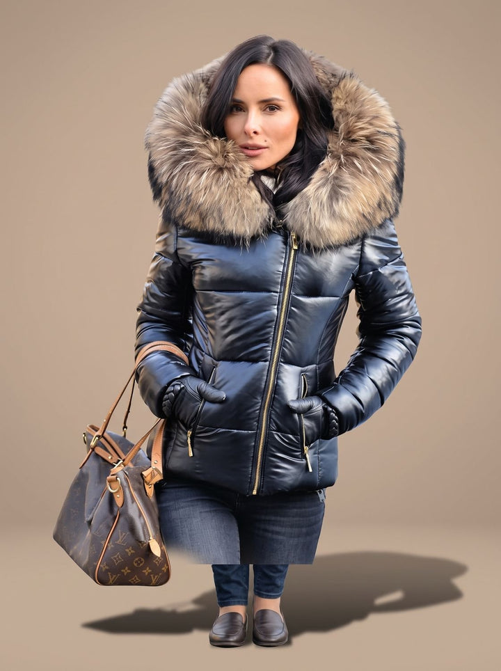 Women's Quilted Fur Hood Puffer Coat Fitted Zip-Front Jacket - Black