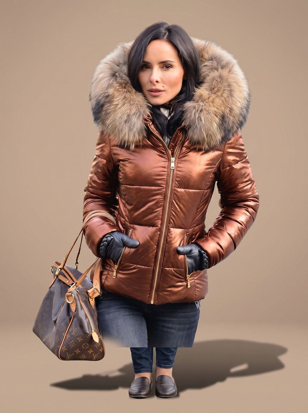 Women's Quilted Fur Hood Puffer Coat Fitted Zip-Front Jacket - Dark Brown