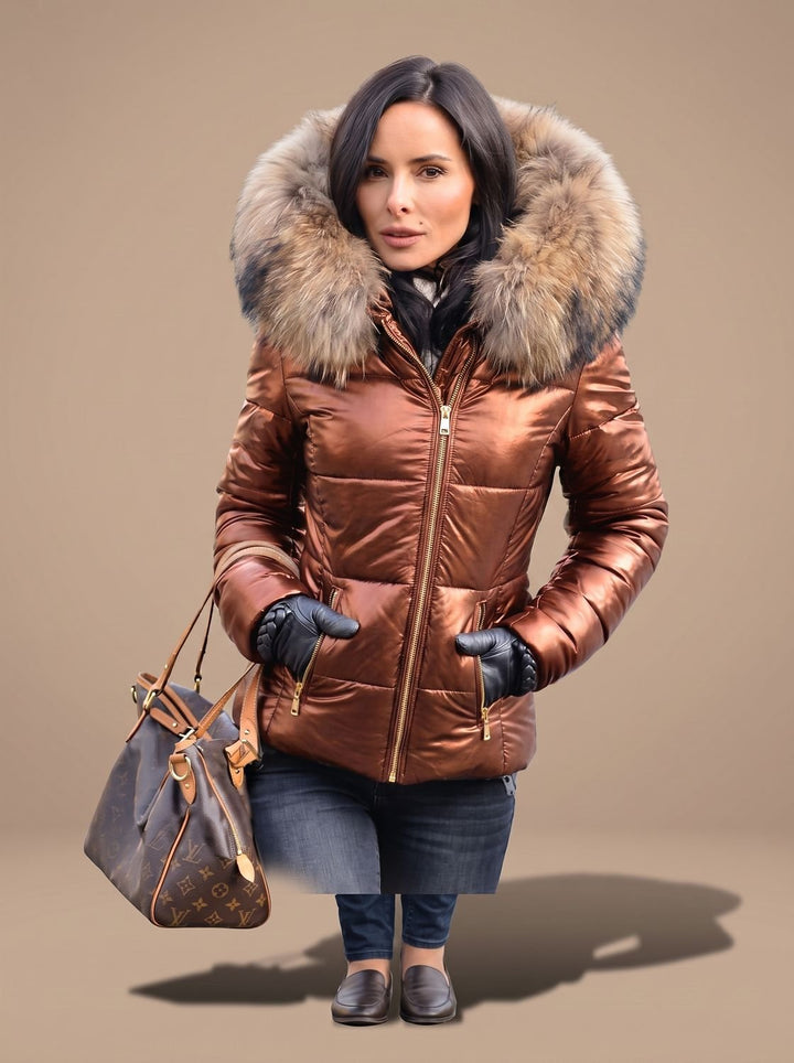 Women's Quilted Fur Hood Puffer Coat Fitted Zip-Front Jacket - Dark Brown