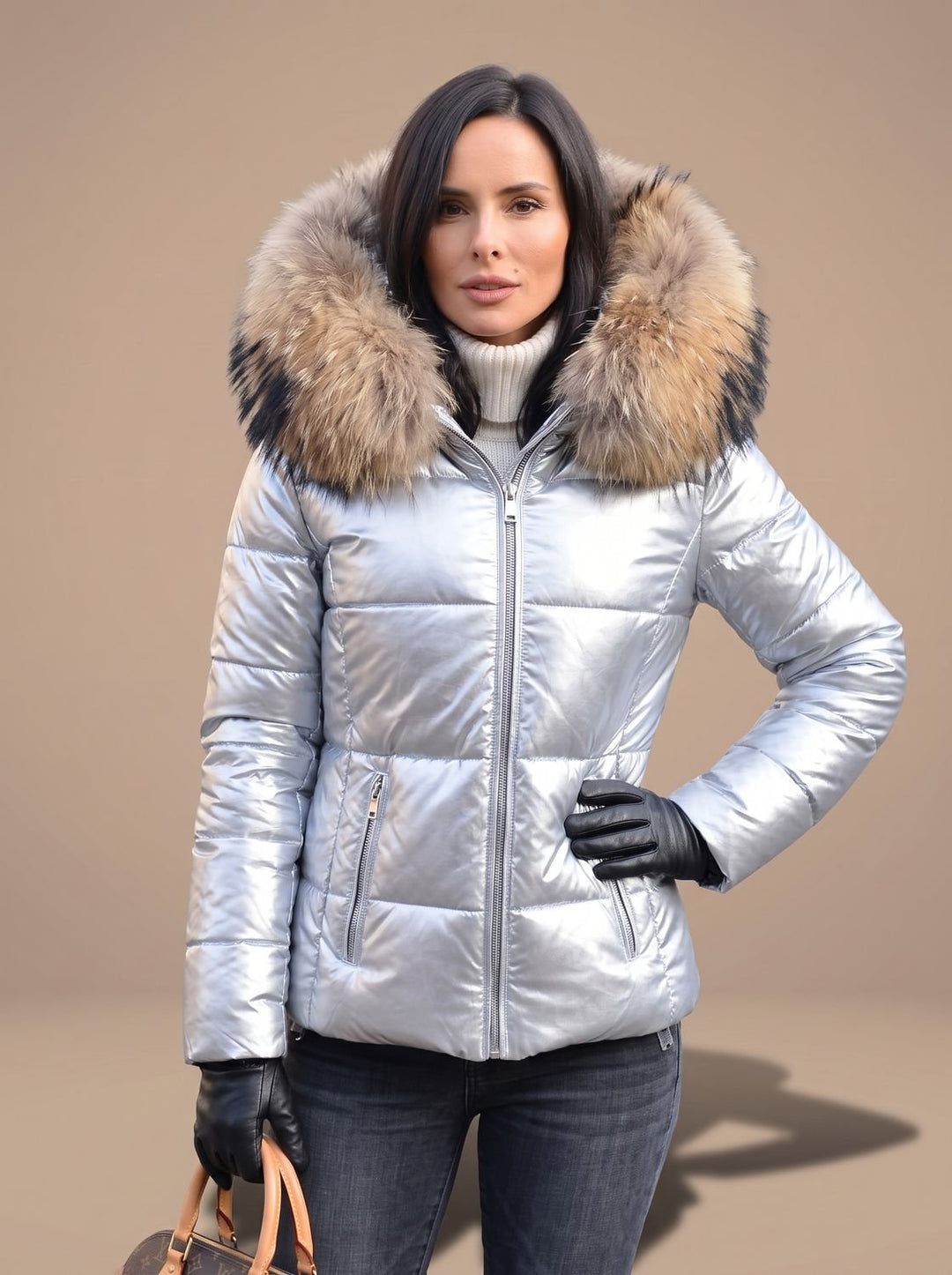 Women's Quilted Fur Hood Puffer Coat Fitted Zip-Front Jacket - White
