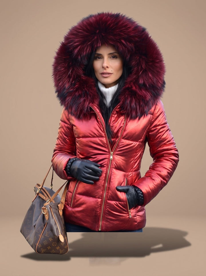 Women's Quilted Fur Hood Puffer Coat Fitted Zip-Front Jacket - Red