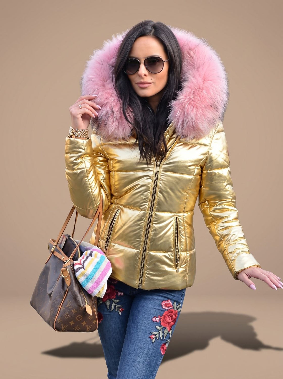 Women's Quilted Fur Hood Puffer Coat Fitted Zip-Front Jacket - Gold