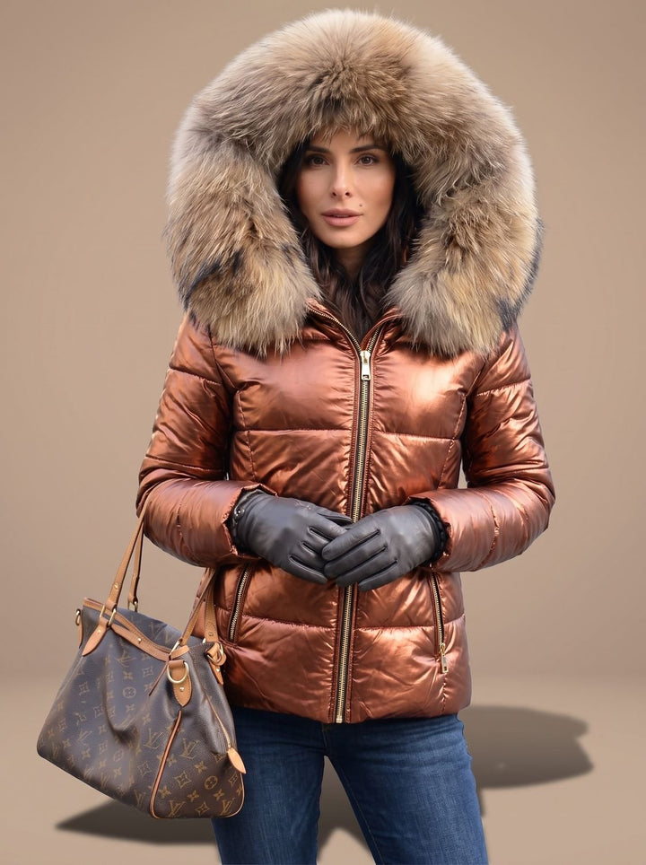 Women's Quilted Fur Hood Puffer Coat Fitted Zip-Front Jacket