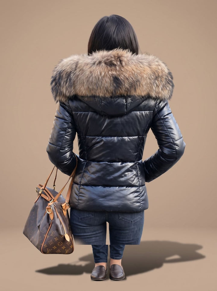 Women's Quilted Fur Hood Puffer Coat Fitted Zip-Front Jacket