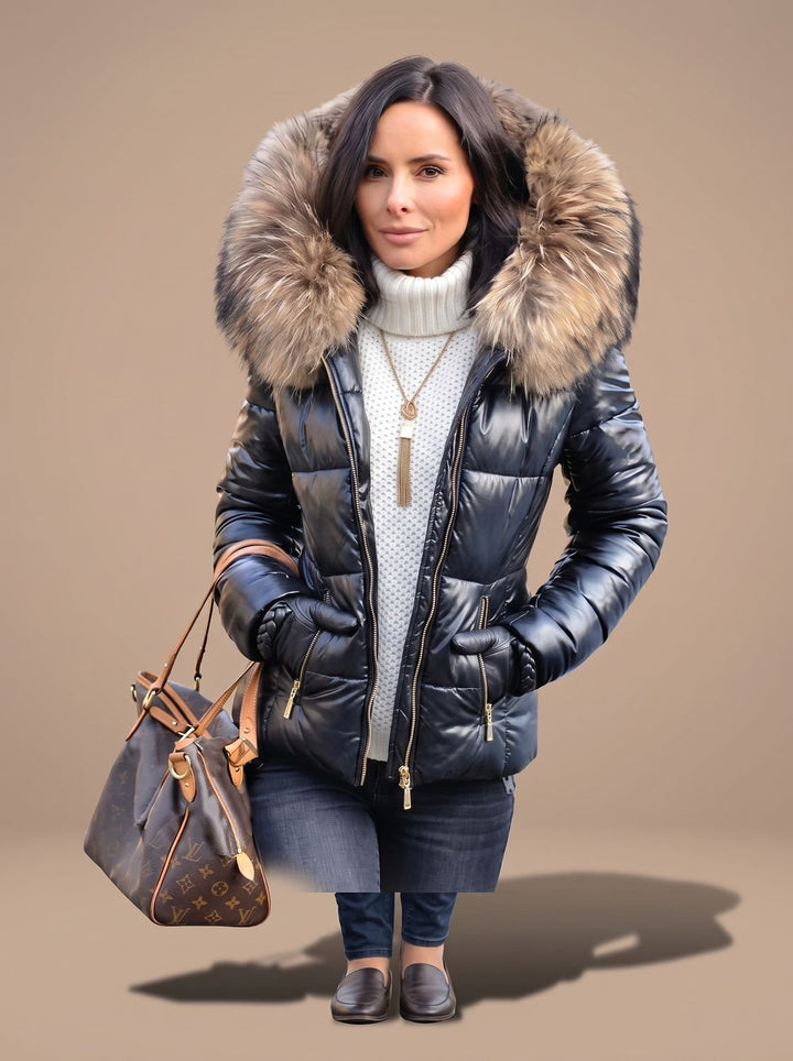 Women's Quilted Fur Hood Puffer Coat Fitted Zip-Front Jacket