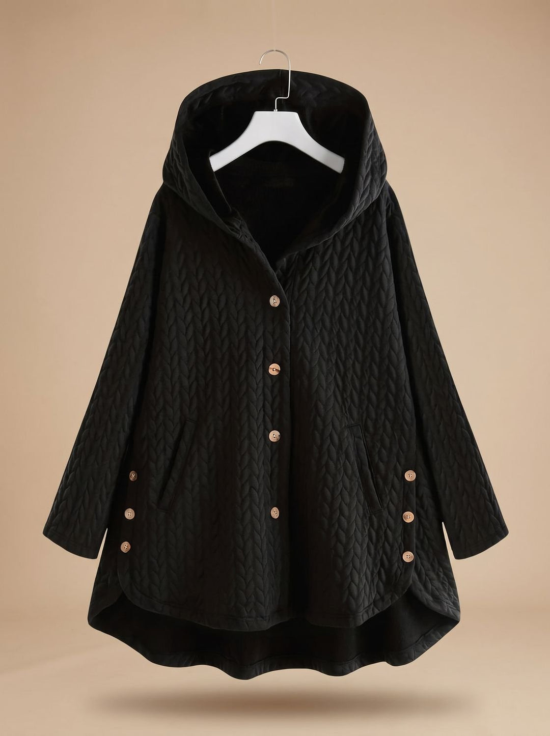 Women's Quilted Hooded Button-Front Asymmetric Coat - Black