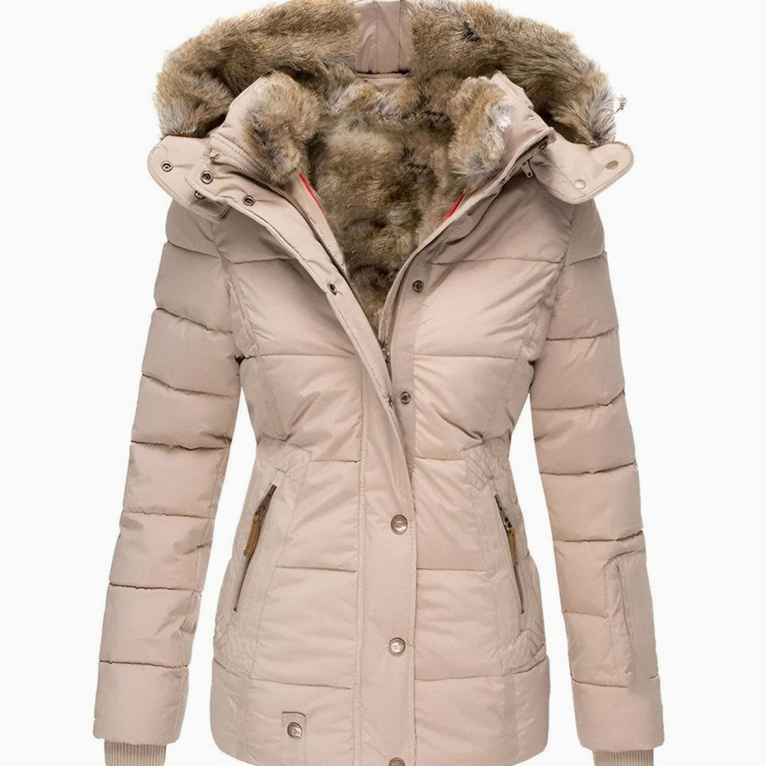 Women's Quilted Hooded Fur-Trim Puffer Jacket - Beige