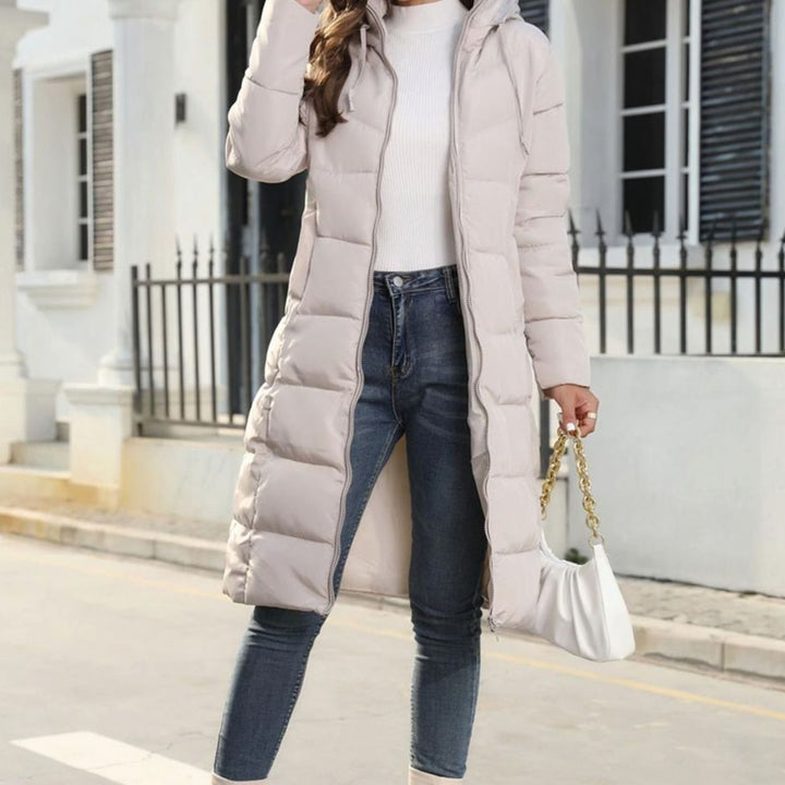Women's Quilted Hooded Long Puffer Winter Coat Full-Zip - Beige
