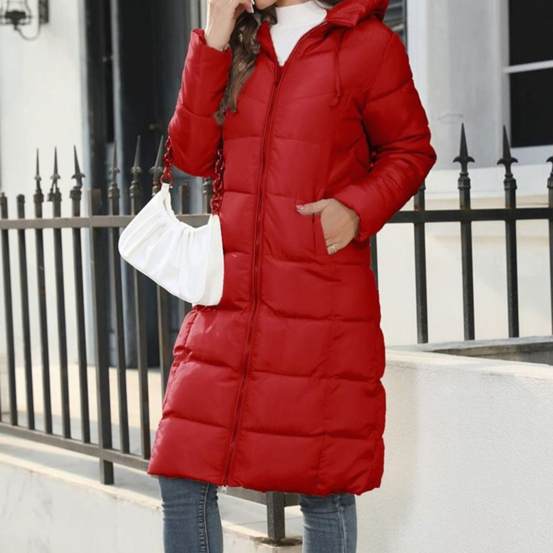 Women's Quilted Hooded Long Puffer Winter Coat Full-Zip - Red