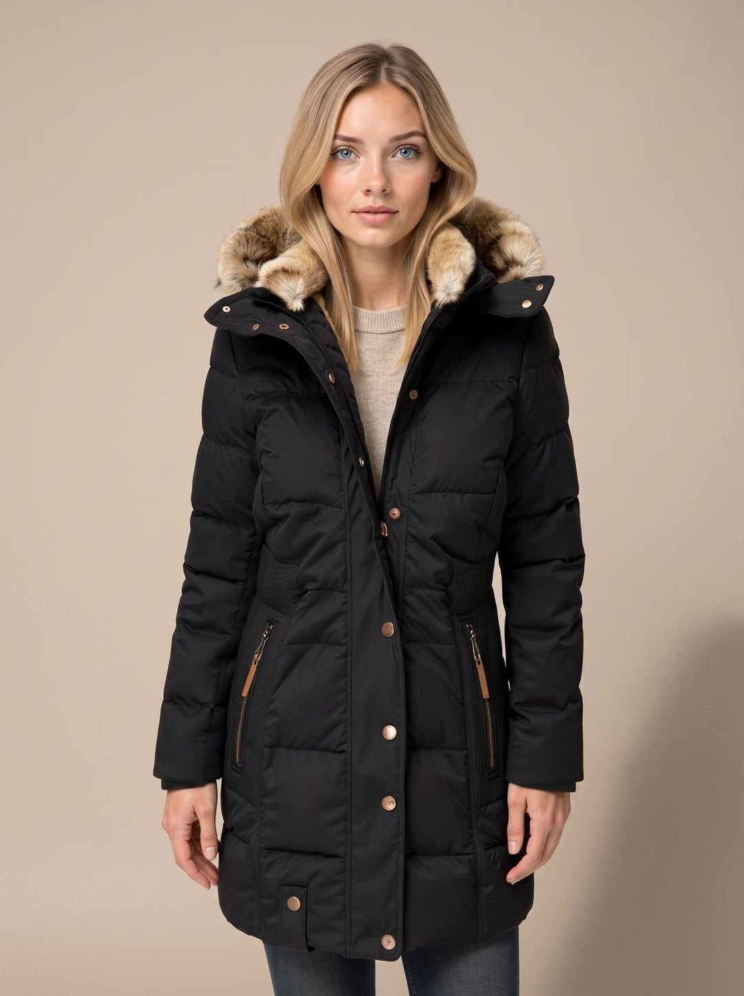 Women's Quilted Hooded Puffer Coat Faux Fur Longline Jacket - Black