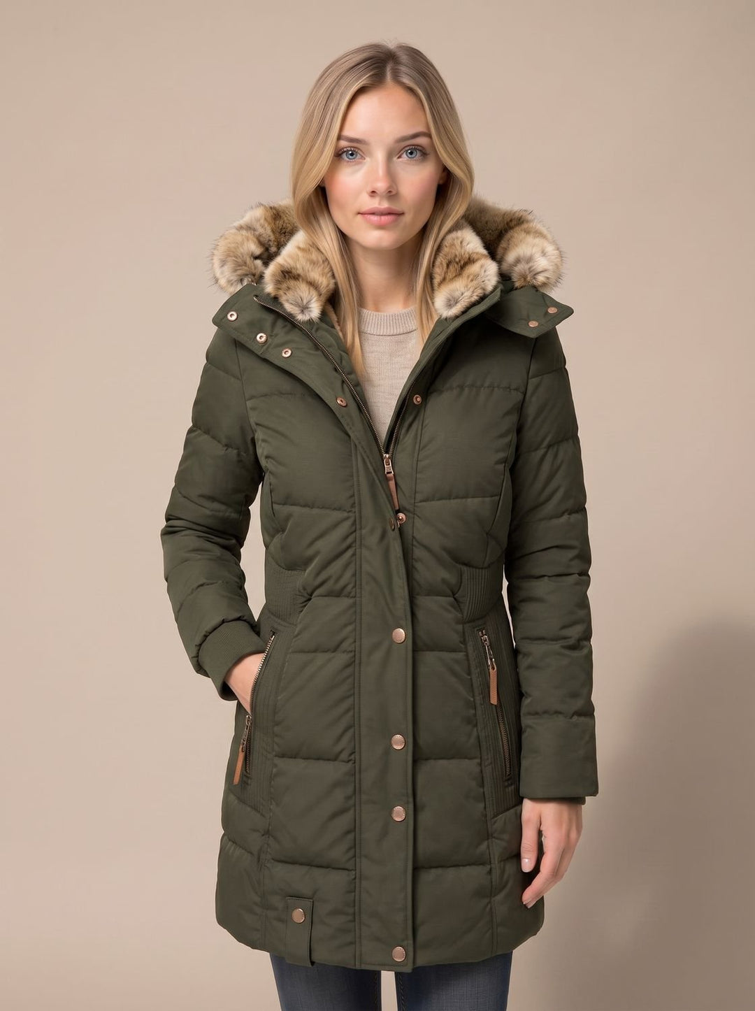Women's Quilted Hooded Puffer Coat Faux Fur Longline Jacket - Green