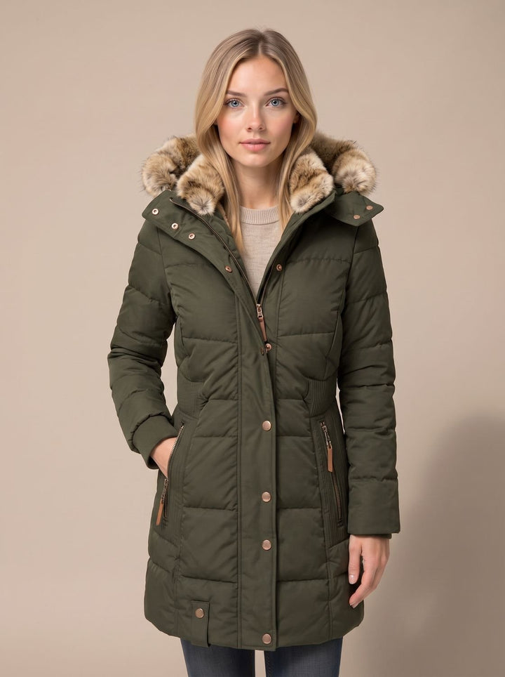 Women's Quilted Hooded Puffer Coat Faux Fur Longline Jacket - Green
