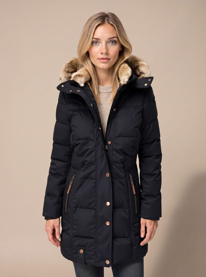 Women's Quilted Hooded Puffer Coat Faux Fur Longline Jacket - Blue