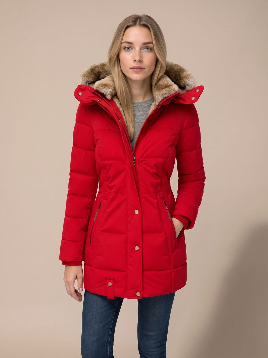 Women's Quilted Hooded Puffer Coat Faux Fur Longline Jacket - Red