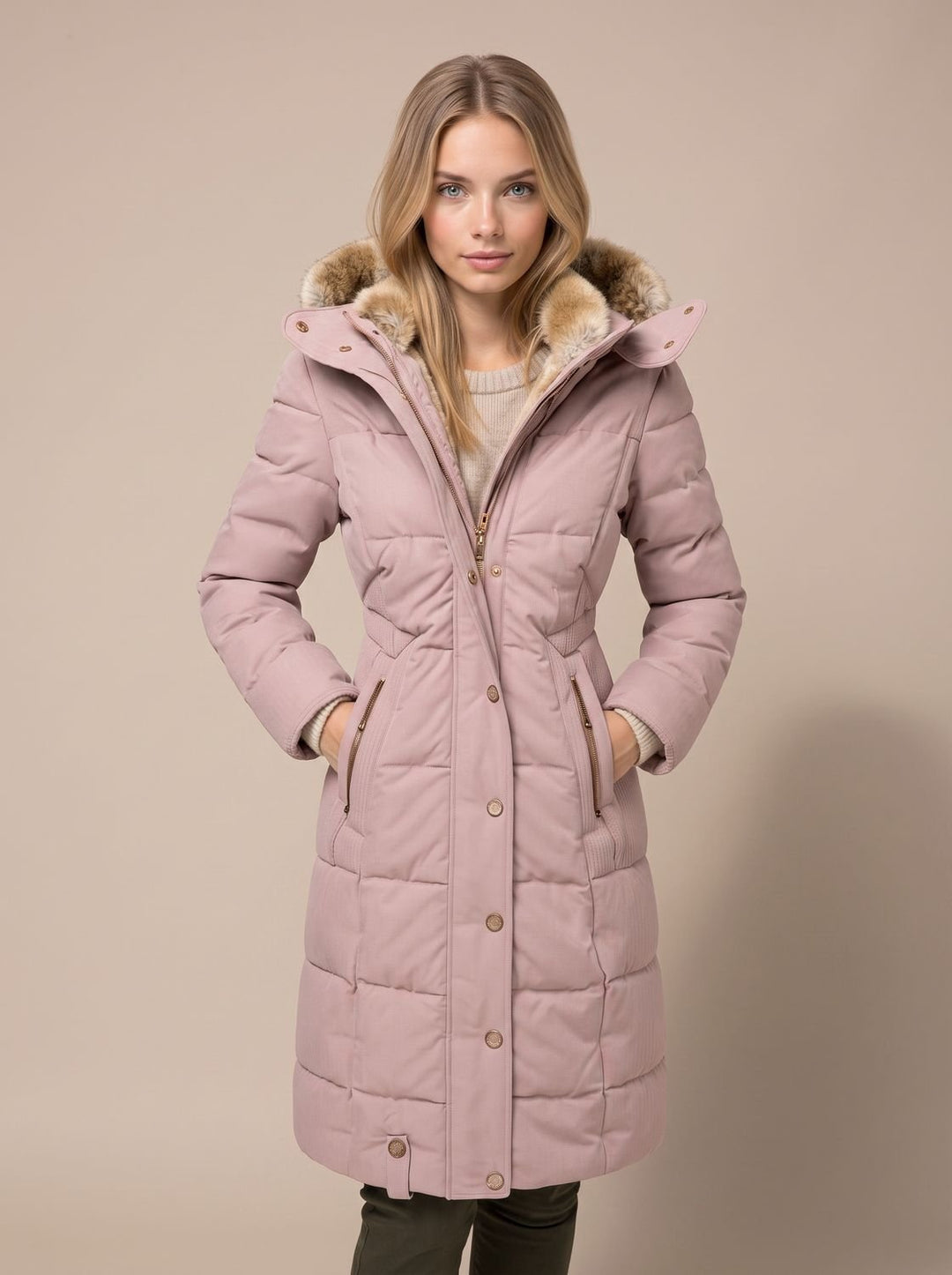 Women's Quilted Hooded Puffer Coat Faux Fur Longline Jacket - Pink