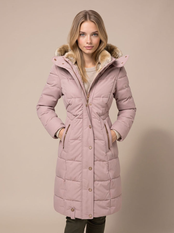Women's Quilted Hooded Puffer Coat Faux Fur Longline Jacket - Pink