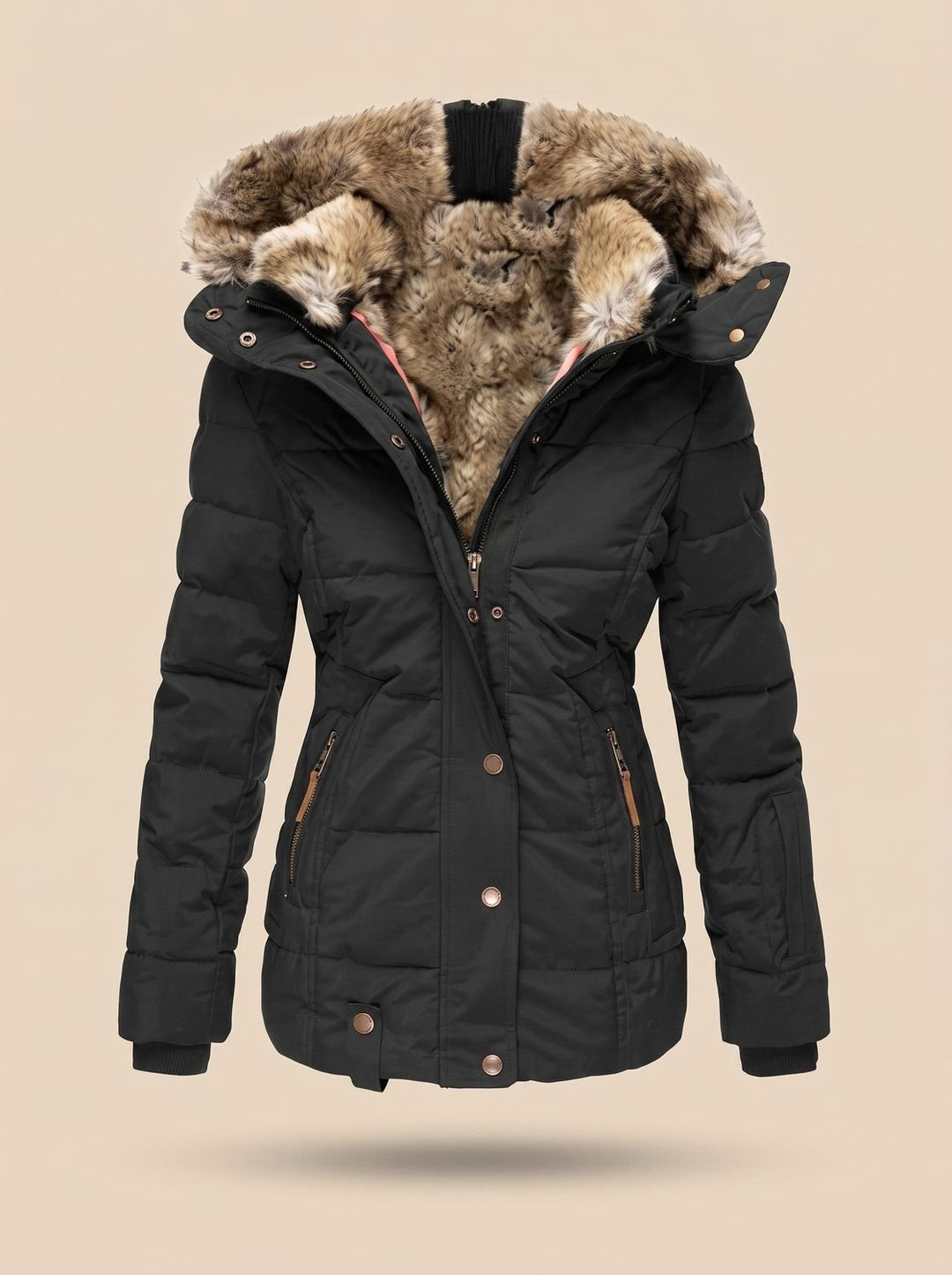 Women's Quilted Hooded Puffer Coat Faux Fur Longline Jacket