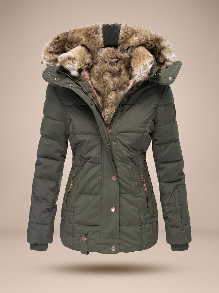 Women's Quilted Hooded Puffer Coat Faux Fur Longline Jacket