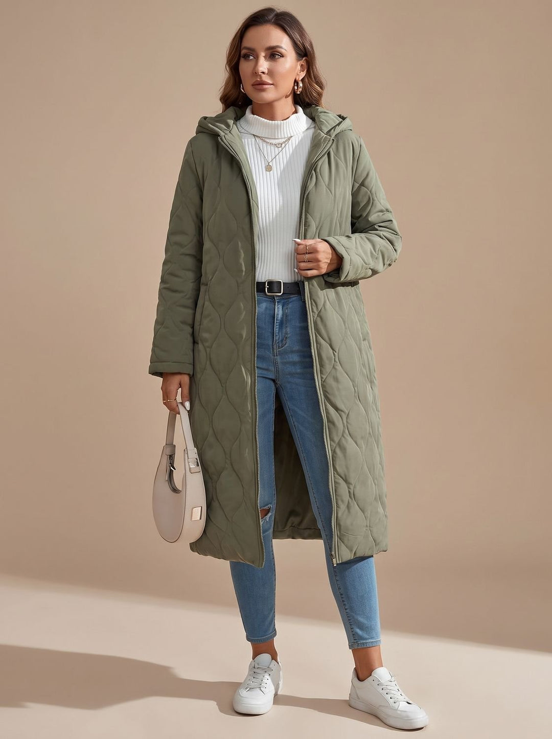 Women's Quilted Hooded Puffer Jacket Long Zip-Up Coat