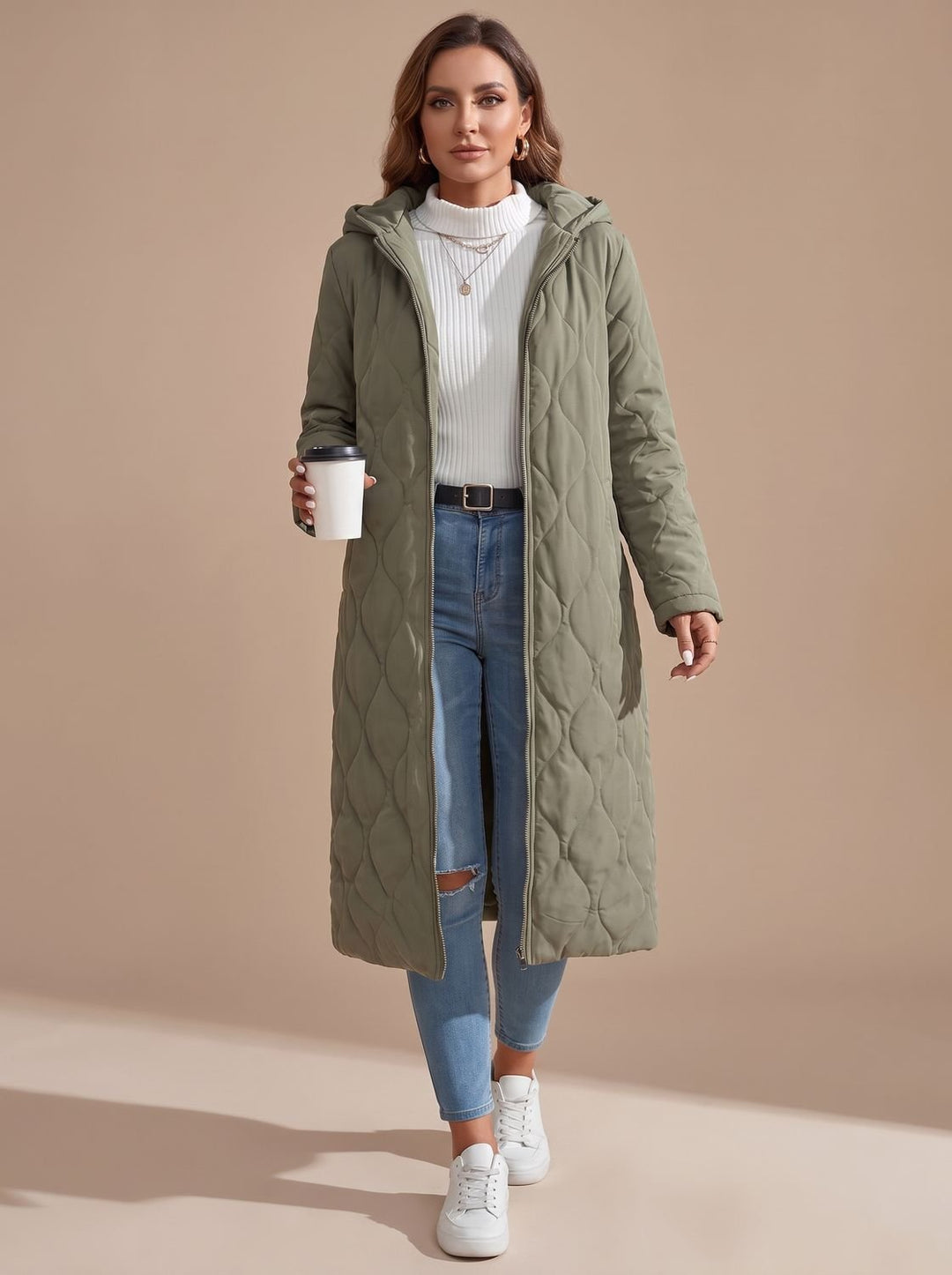 Women's Quilted Hooded Puffer Jacket Long Zip-Up Coat