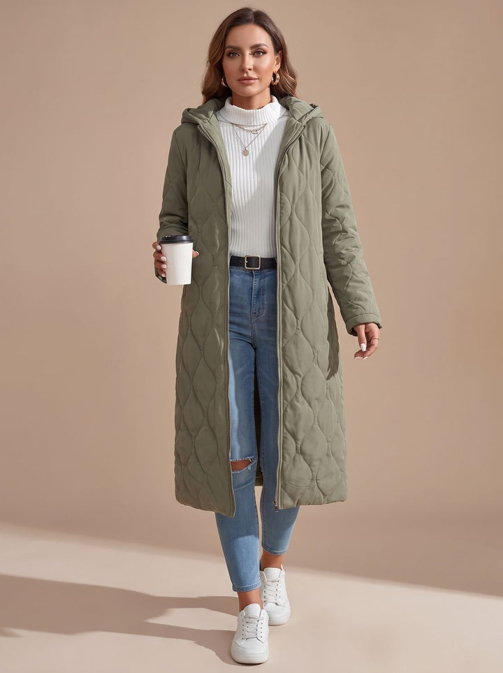 Women's Quilted Hooded Puffer Jacket Long Zip-Up Coat