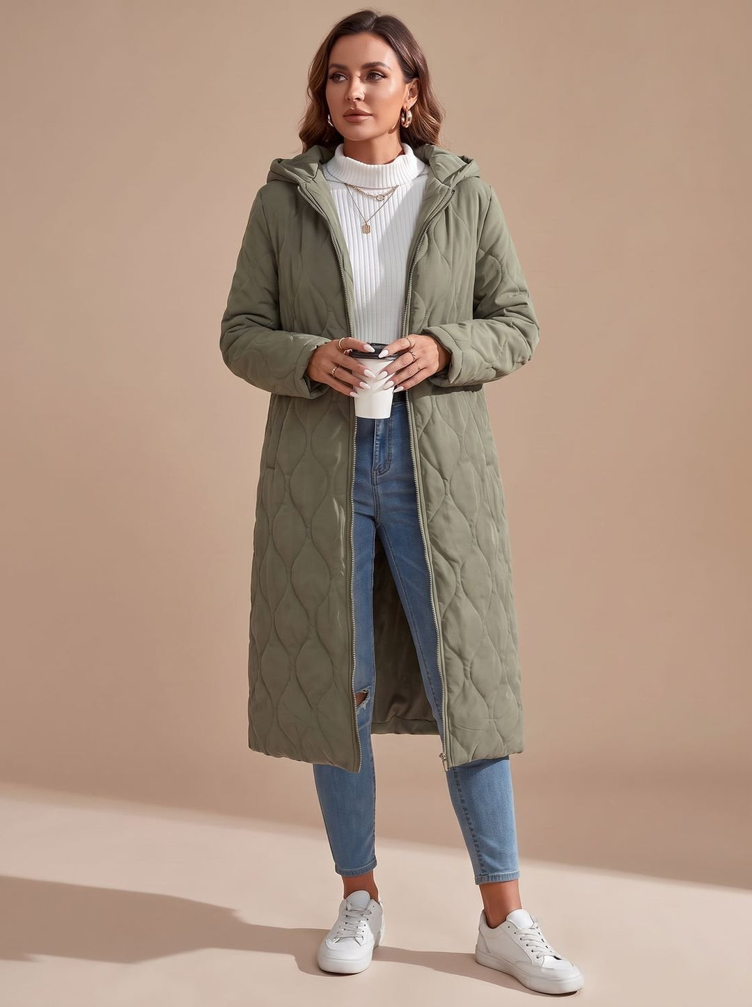 Women's Quilted Hooded Puffer Jacket Long Zip-Up Coat