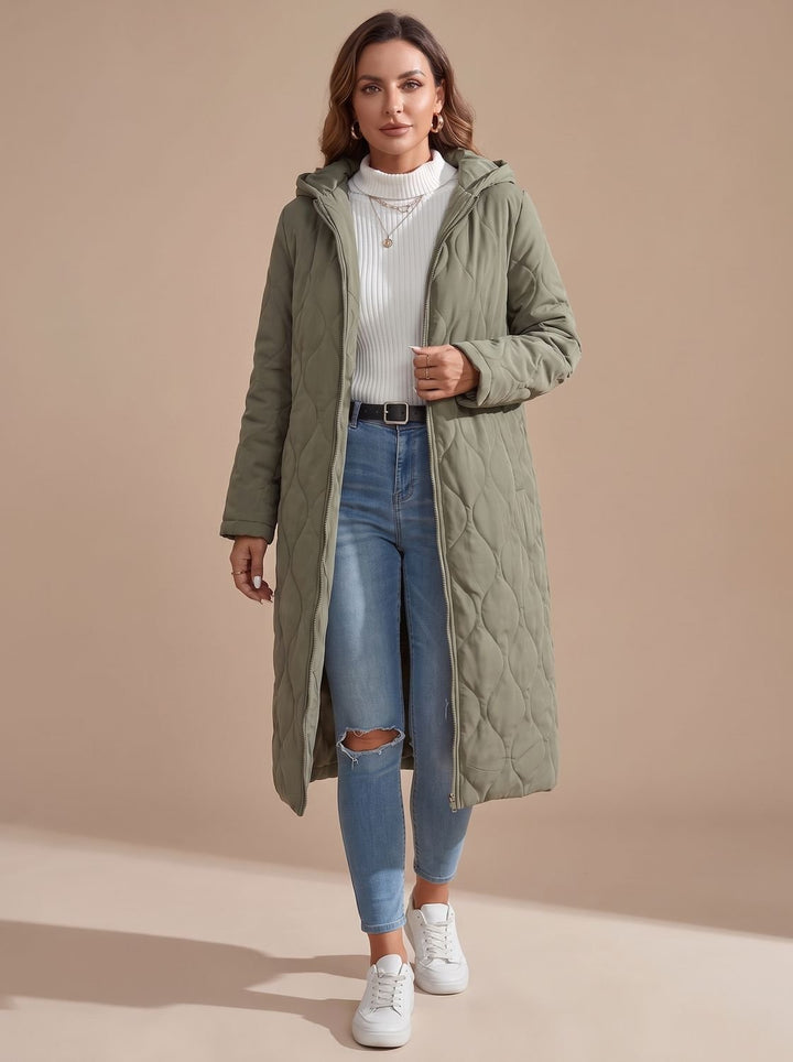 Women's Quilted Hooded Puffer Jacket Long Zip-Up Coat