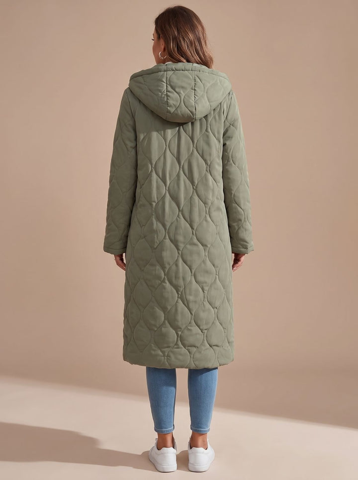 Women's Quilted Hooded Puffer Jacket Long Zip-Up Coat