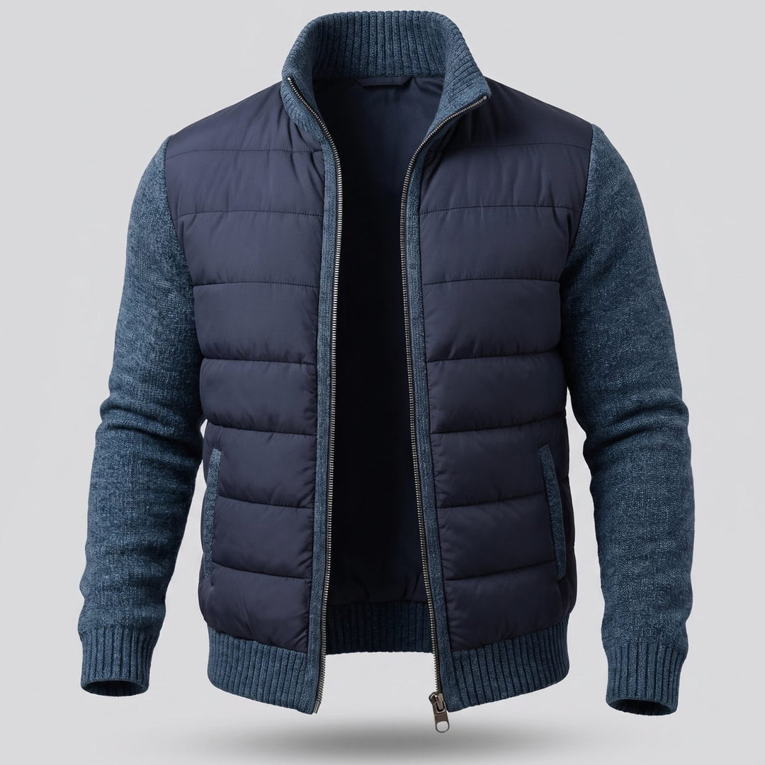 Women's Quilted Jacket Fleece-Sleeve Full-Zip Hybrid Puffer - Navy Blue