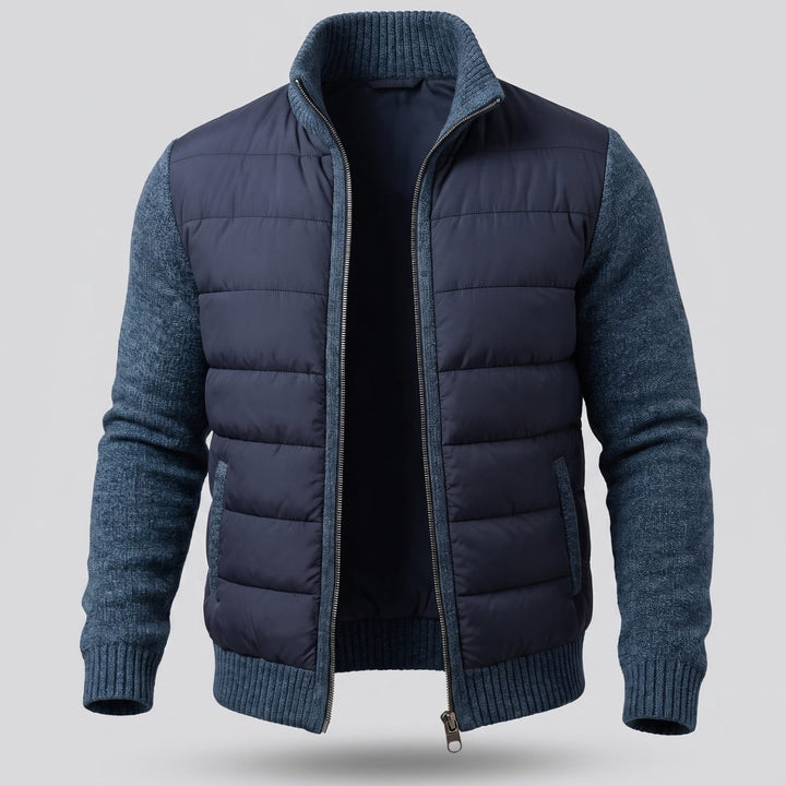 Women's Quilted Jacket Fleece-Sleeve Full-Zip Hybrid Puffer - Navy Blue
