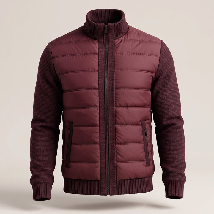 Women's Quilted Jacket Fleece-Sleeve Full-Zip Hybrid Puffer - Burgundy