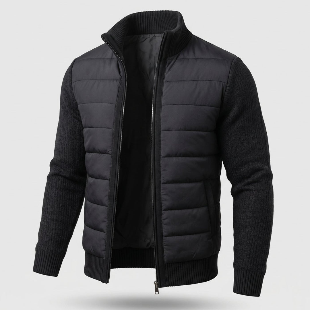 Women's Quilted Jacket Fleece-Sleeve Full-Zip Hybrid Puffer - Black