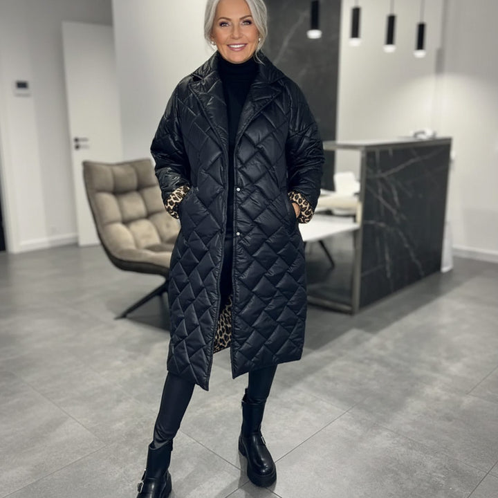 Women's Quilted Midi Winter Coat Reversible Leopard-Lined Puffer - Black