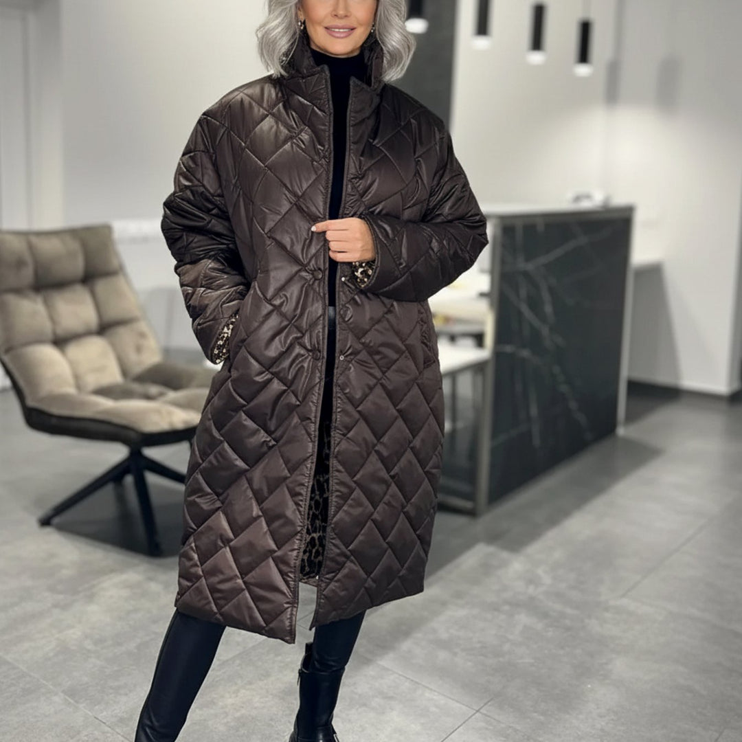 Women's Quilted Midi Winter Coat Reversible Leopard-Lined Puffer - Brown