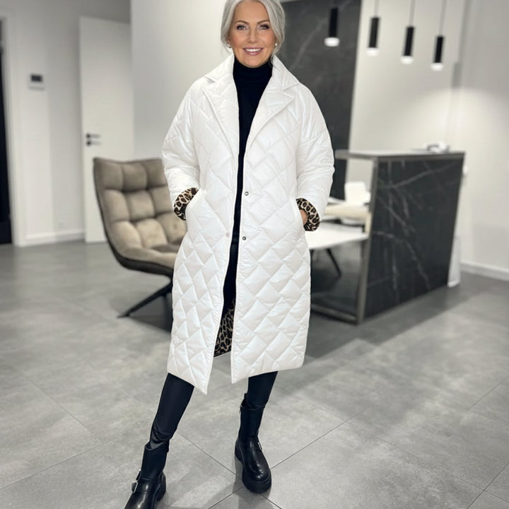 Women's Quilted Midi Winter Coat Reversible Leopard-Lined Puffer - White