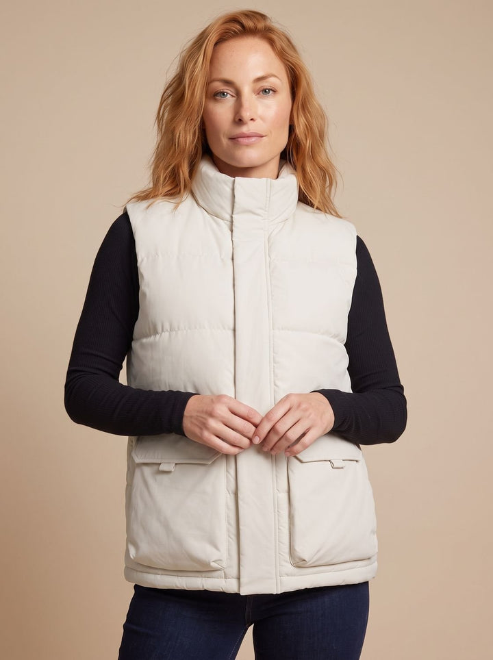 Women's Quilted Puffer Vest High Mock-Neck Flap-Pocket Sleeveless Jacket