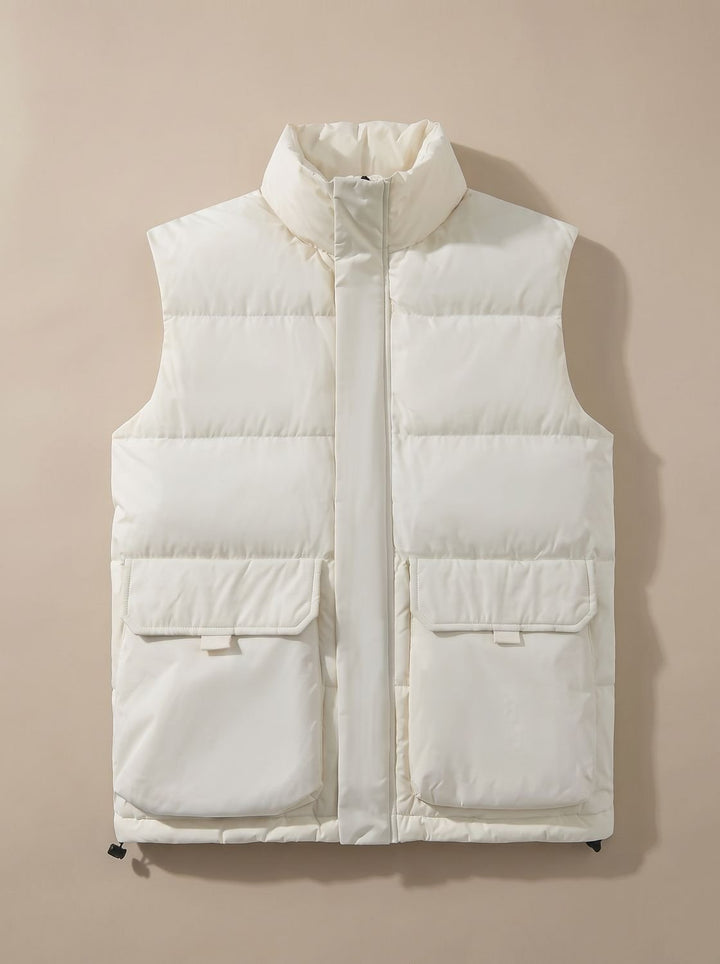 Women's Quilted Puffer Vest High Mock-Neck Flap-Pocket Sleeveless Jacket - Ecru White