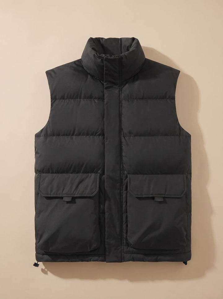 Women's Quilted Puffer Vest High Mock-Neck Flap-Pocket Sleeveless Jacket - Black