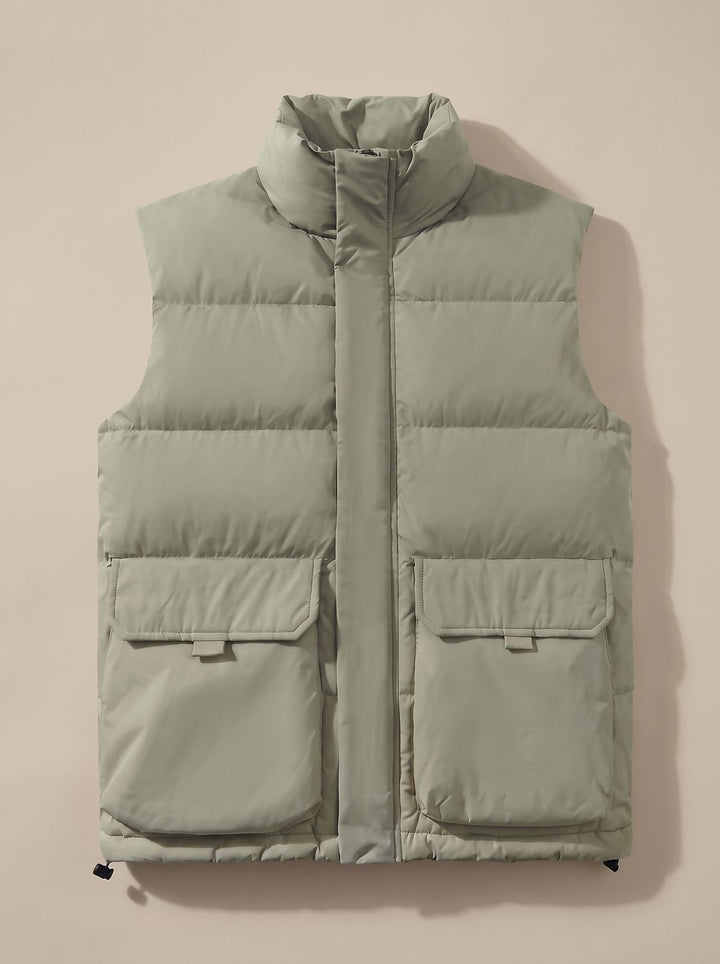 Women's Quilted Puffer Vest High Mock-Neck Flap-Pocket Sleeveless Jacket - Light Green