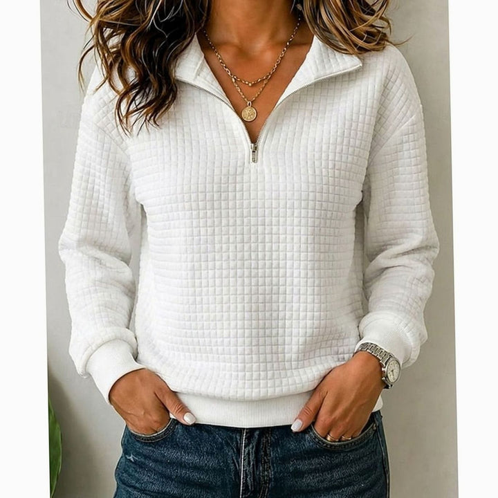 Women's Quilted Quarter-Zip Pullover Sweater Stand Collar - White
